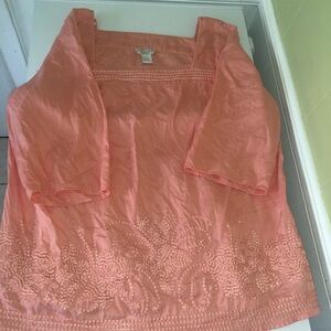 Tweeds Peach Embroidered Linen Blouse Square Neck 3/4 Sleeve VTG